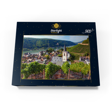 View over the village with the Holy Cross Church to the castle Rheinstein at the Rhine, Rhine valley, Assmannshausen, district of Rüdesheim 500 Jigsaw Puzzle box view1