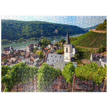 puzzleplate View over the village with the Holy Cross Church to the castle Rheinstein at the Rhine, Rhine valley, Assmannshausen, district of Rüdesheim 500 Jigsaw Puzzle