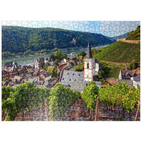 puzzleplate View over the village with the Holy Cross Church to the castle Rheinstein at the Rhine, Rhine valley, Assmannshausen, district of Rüdesheim 500 Jigsaw Puzzle