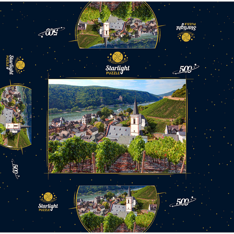 View over the village with the Holy Cross Church to the castle Rheinstein at the Rhine, Rhine valley, Assmannshausen, district of Rüdesheim 500 Jigsaw Puzzle box 3D Modell