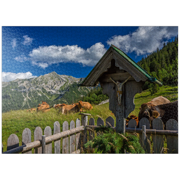 puzzleplate Cross at Fischbachalm (1402m) against Soierngruppe, Upper Bavaria 1000 Jigsaw Puzzle