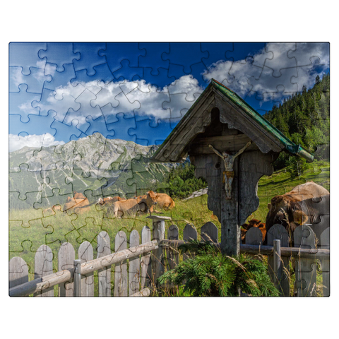 puzzleplate Cross at Fischbachalm (1402m) against Soierngruppe, Upper Bavaria 100 Jigsaw Puzzle