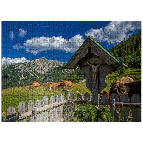 puzzleplate Cross at Fischbachalm (1402m) against Soierngruppe, Upper Bavaria 500 Jigsaw Puzzle
