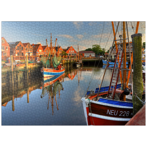 puzzleplate Fishing harbor with crab boats in the evening light, Neuharlingersiel, East Frisia 1000 Jigsaw Puzzle