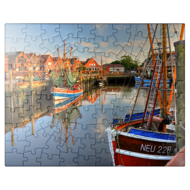 puzzleplate Fishing harbor with crab boats in the evening light, Neuharlingersiel, East Frisia 100 Jigsaw Puzzle