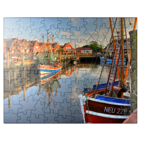 puzzleplate Fishing harbor with crab boats in the evening light, Neuharlingersiel, East Frisia 100 Jigsaw Puzzle
