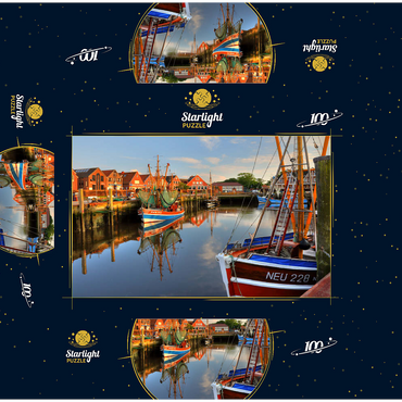 Fishing harbor with crab boats in the evening light, Neuharlingersiel, East Frisia 100 Jigsaw Puzzle box 3D Modell