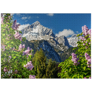 puzzleplate Alpspitze (2628m) with blooming lilac, Garmisch-Partenkirchen, Upper Bavaria, Bavaria, Germany 1000 Jigsaw Puzzle