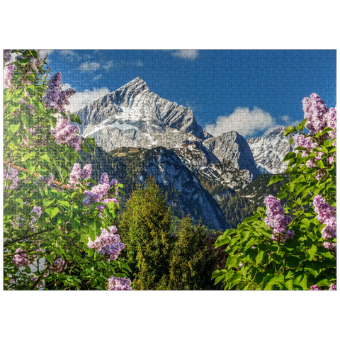 puzzleplate Alpspitze (2628m) with blooming lilac, Garmisch-Partenkirchen, Upper Bavaria, Bavaria, Germany 1000 Jigsaw Puzzle