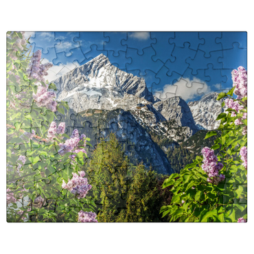 puzzleplate Alpspitze (2628m) with blooming lilac, Garmisch-Partenkirchen, Upper Bavaria, Bavaria, Germany 100 Jigsaw Puzzle