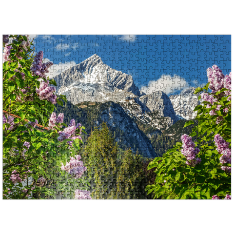 puzzleplate Alpspitze (2628m) with blooming lilac, Garmisch-Partenkirchen, Upper Bavaria, Bavaria, Germany 500 Jigsaw Puzzle