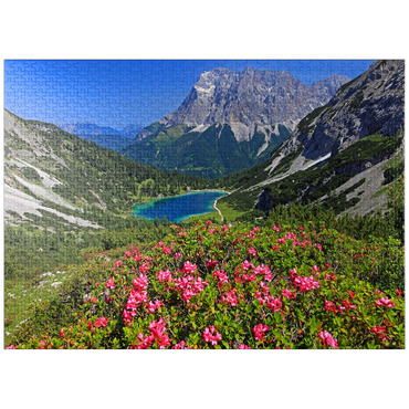 puzzleplate Blooming alpine roses at the Coburger hut against Seebensee (1657m) and Zugspitzgruppe (2962m) near Ehrwald 1000 Jigsaw Puzzle