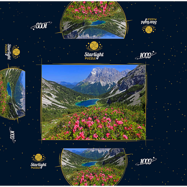 Blooming alpine roses at the Coburger hut against Seebensee (1657m) and Zugspitzgruppe (2962m) near Ehrwald 1000 Jigsaw Puzzle box 3D Modell