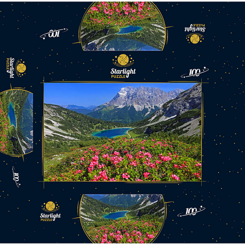 Blooming alpine roses at the Coburger hut against Seebensee (1657m) and Zugspitzgruppe (2962m) near Ehrwald 100 Jigsaw Puzzle box 3D Modell