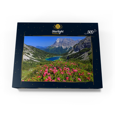 Blooming alpine roses at the Coburger hut against Seebensee (1657m) and Zugspitzgruppe (2962m) near Ehrwald 500 Jigsaw Puzzle box view1
