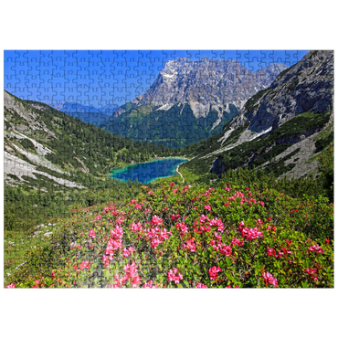 puzzleplate Blooming alpine roses at the Coburger hut against Seebensee (1657m) and Zugspitzgruppe (2962m) near Ehrwald 500 Jigsaw Puzzle