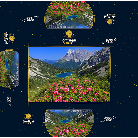 Blooming alpine roses at the Coburger hut against Seebensee (1657m) and Zugspitzgruppe (2962m) near Ehrwald 500 Jigsaw Puzzle box 3D Modell
