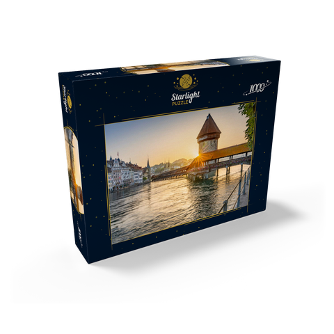 Chapel bridge over the Reuss river with water tower in sunrise, Lucerne, Canton Lucerne, Switzerland 1000 Jigsaw Puzzle box view1