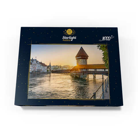 Chapel bridge over the Reuss river with water tower in sunrise, Lucerne, Canton Lucerne, Switzerland 1000 Jigsaw Puzzle box view1