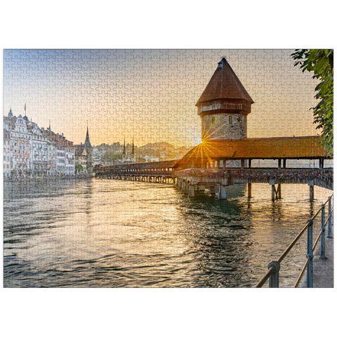 puzzleplate Chapel bridge over the Reuss river with water tower in sunrise, Lucerne, Canton Lucerne, Switzerland 1000 Jigsaw Puzzle