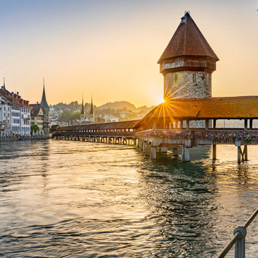 Chapel bridge over the Reuss river with water tower in sunrise, Lucerne, Canton Lucerne, Switzerland 1000 Jigsaw Puzzle 3D Modell