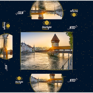 Chapel bridge over the Reuss river with water tower in sunrise, Lucerne, Canton Lucerne, Switzerland 1000 Jigsaw Puzzle box 3D Modell