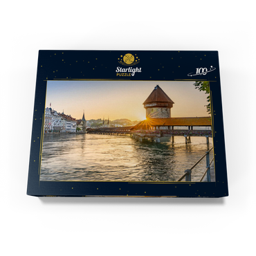 Chapel bridge over the Reuss river with water tower in sunrise, Lucerne, Canton Lucerne, Switzerland 100 Jigsaw Puzzle box view1