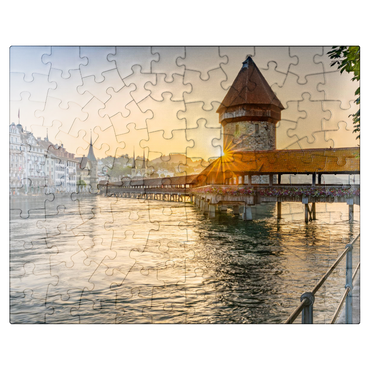 puzzleplate Chapel bridge over the Reuss river with water tower in sunrise, Lucerne, Canton Lucerne, Switzerland 100 Jigsaw Puzzle