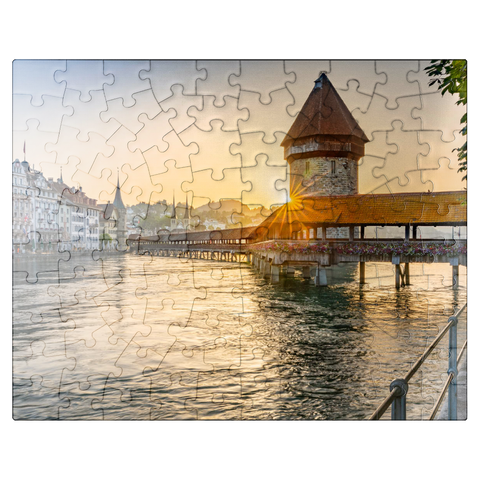 puzzleplate Chapel bridge over the Reuss river with water tower in sunrise, Lucerne, Canton Lucerne, Switzerland 100 Jigsaw Puzzle