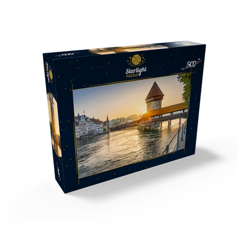 Chapel bridge over the Reuss river with water tower in sunrise, Lucerne, Canton Lucerne, Switzerland 500 Jigsaw Puzzle box view1