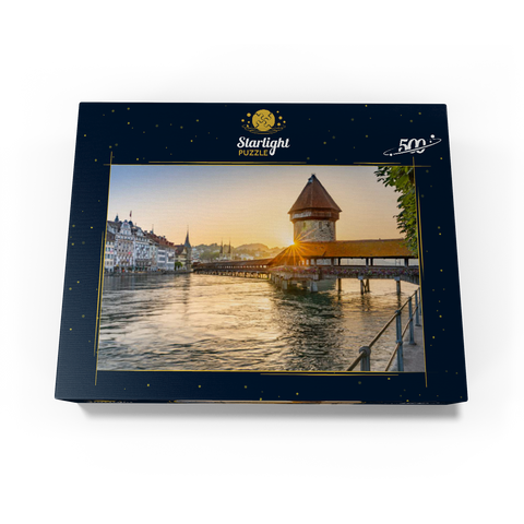 Chapel bridge over the Reuss river with water tower in sunrise, Lucerne, Canton Lucerne, Switzerland 500 Jigsaw Puzzle box view1
