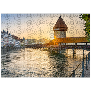 puzzleplate Chapel bridge over the Reuss river with water tower in sunrise, Lucerne, Canton Lucerne, Switzerland 500 Jigsaw Puzzle