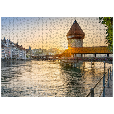 puzzleplate Chapel bridge over the Reuss river with water tower in sunrise, Lucerne, Canton Lucerne, Switzerland 500 Jigsaw Puzzle