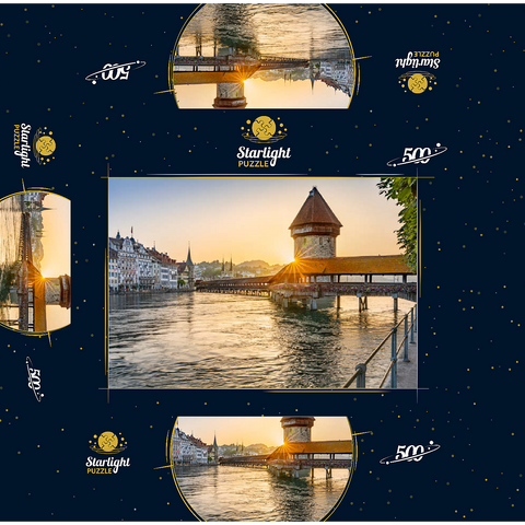 Chapel bridge over the Reuss river with water tower in sunrise, Lucerne, Canton Lucerne, Switzerland 500 Jigsaw Puzzle box 3D Modell