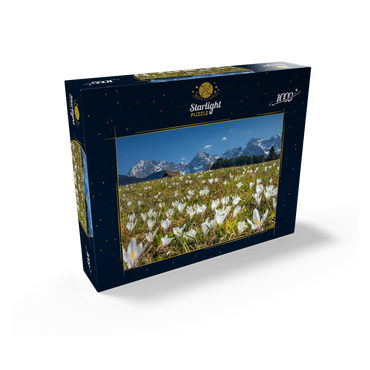 Crocus meadow at the Geroldsee near Gerold with view to the Karwendel mountains in springtime 1000 Jigsaw Puzzle box view1
