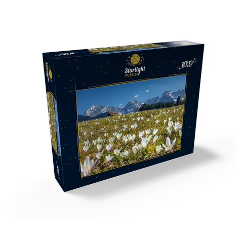 Crocus meadow at the Geroldsee near Gerold with view to the Karwendel mountains in springtime 1000 Jigsaw Puzzle box view1