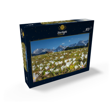 Crocus meadow at the Geroldsee near Gerold with view to the Karwendel mountains in springtime 100 Jigsaw Puzzle box view1