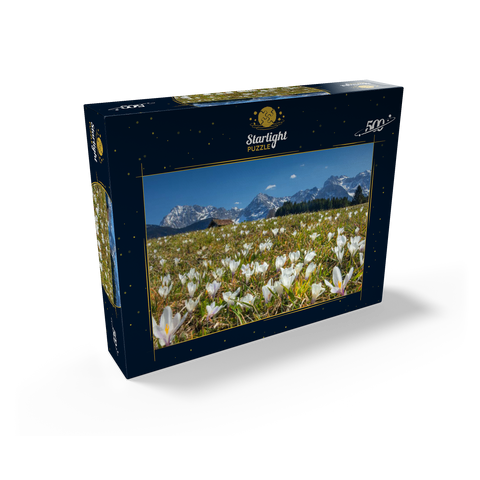 Crocus meadow at the Geroldsee near Gerold with view to the Karwendel mountains in springtime 500 Jigsaw Puzzle box view1