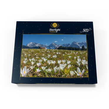 Crocus meadow at the Geroldsee near Gerold with view to the Karwendel mountains in springtime 500 Jigsaw Puzzle box view1