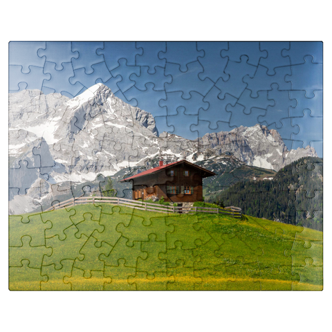 puzzleplate At the Eckbauer (1236m) against Alpspitze (2628m) and Zugspitze (2962m), Garmisch-Partenkirchen 100 Jigsaw Puzzle