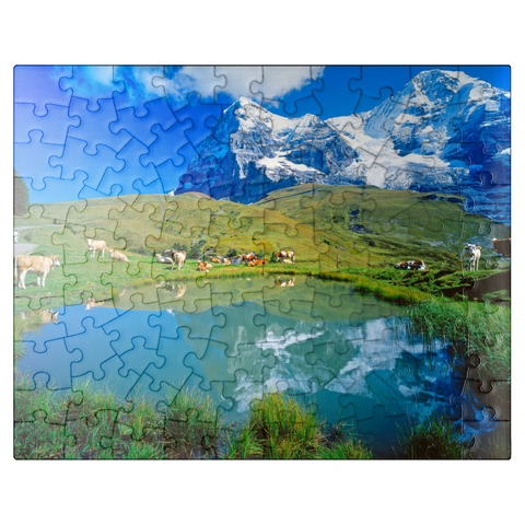 puzzleplate Cows at the pond against Eiger north face (3970m) and Mönch (4107m) 100 Jigsaw Puzzle