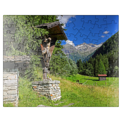 puzzleplate Luis Trenker cross in the Malerwinkel in the Kötschachtal with Bocksteinkogel (2527m) and Tischler group 100 Jigsaw Puzzle