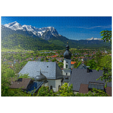 puzzleplate Church St. Anton against Zugspitzgruppe (2962m) and Daniel (2342m) in Tyrol 1000 Jigsaw Puzzle