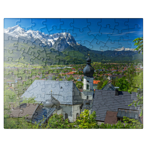 puzzleplate Church St. Anton against Zugspitzgruppe (2962m) and Daniel (2342m) in Tyrol 100 Jigsaw Puzzle