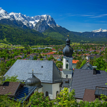 Church St. Anton against Zugspitzgruppe (2962m) and Daniel (2342m) in Tyrol 100 Jigsaw Puzzle 3D Modell