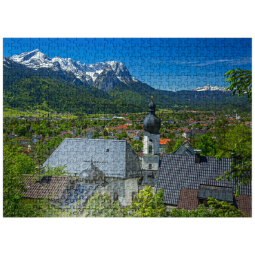 puzzleplate Church St. Anton against Zugspitzgruppe (2962m) and Daniel (2342m) in Tyrol 500 Jigsaw Puzzle
