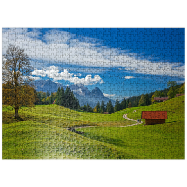 puzzleplate At the mountain inn Gschwandtnerbauer (1020m) against Zugspitzgruppe (2962m), Garmisch-Partenkirchen 500 Jigsaw Puzzle