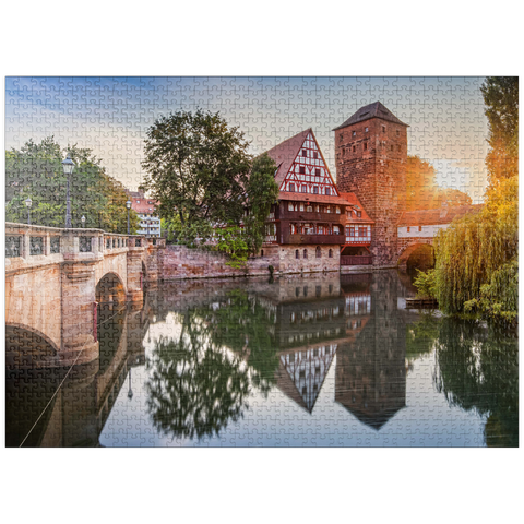 puzzleplate Weinstadel and water tower at the Henkersteg on the Pegnitz, Nuremberg, Middle Franconia, Bavaria, Germany 1000 Jigsaw Puzzle