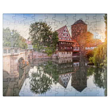 puzzleplate Weinstadel and water tower at the Henkersteg on the Pegnitz, Nuremberg, Middle Franconia, Bavaria, Germany 100 Jigsaw Puzzle