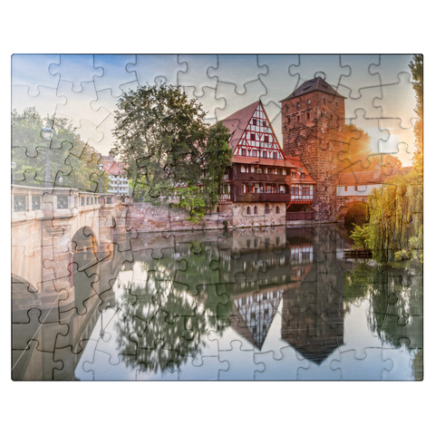 puzzleplate Weinstadel and water tower at the Henkersteg on the Pegnitz, Nuremberg, Middle Franconia, Bavaria, Germany 100 Jigsaw Puzzle